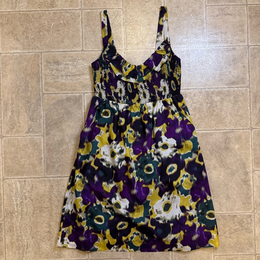 Maeve Anthropologie cute floral silk dress purple and yellow has pockets xsmall